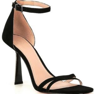 AD & Daughters Celina Black Suede Ankle Strap Architectural Heel Sandals 10 NIB